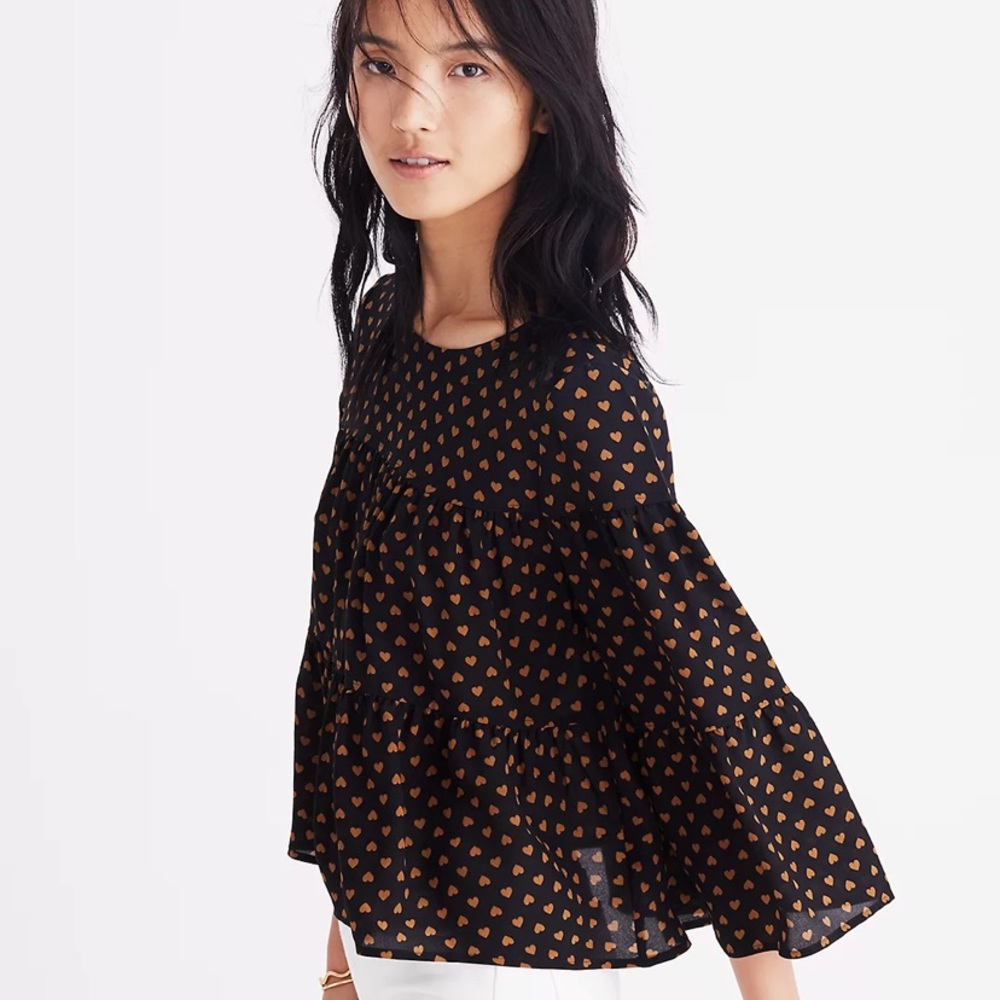 Madewell Black Blouse with Brown Heart Pattern